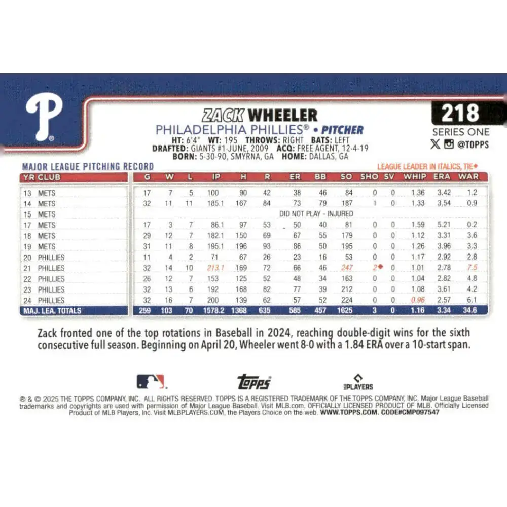 2025 Topps #218 Zack Wheeler NM-MT Philadelphia Phillies Baseball Card - Baseball Card Single