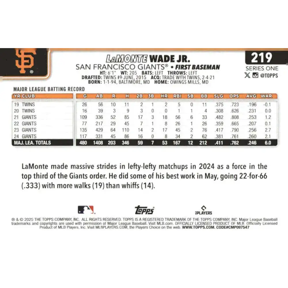 2025 Topps #219 LaMonte Wade Jr. NM-MT San Francisco Giants Baseball Card - Baseball Card Single