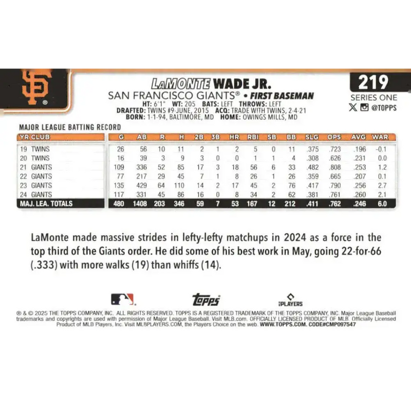 2025 Topps #219 LaMonte Wade Jr. NM-MT San Francisco Giants Baseball Card - Baseball Card Single