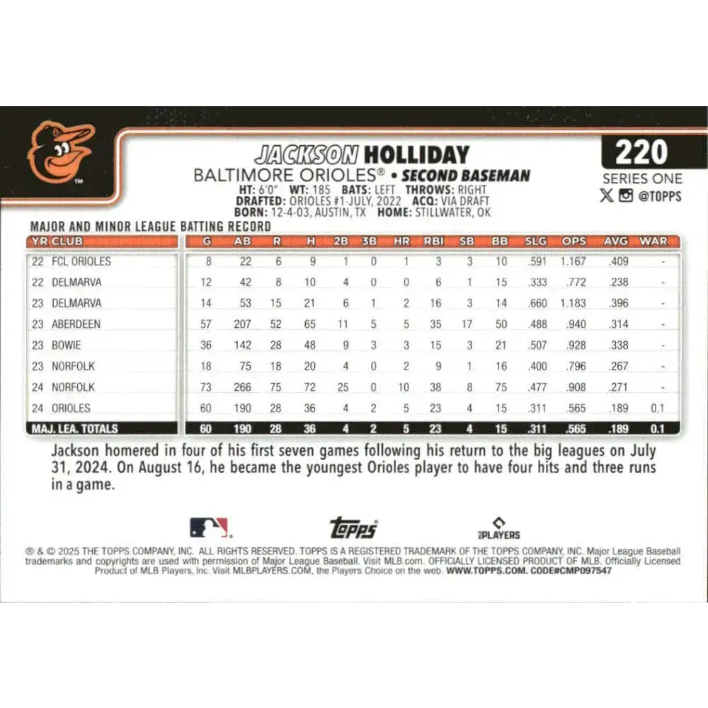 2025 Topps #220 Jackson Holliday NM-MT Baltimore Orioles Baseball Card