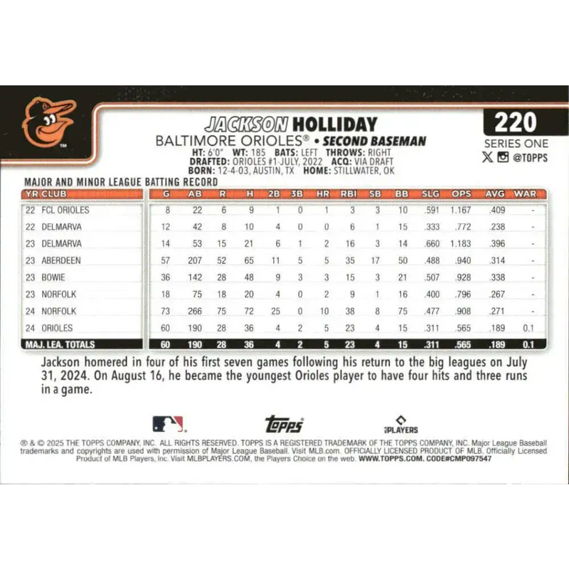 2025 Topps #220 Jackson Holliday NM-MT Baltimore Orioles Baseball Card