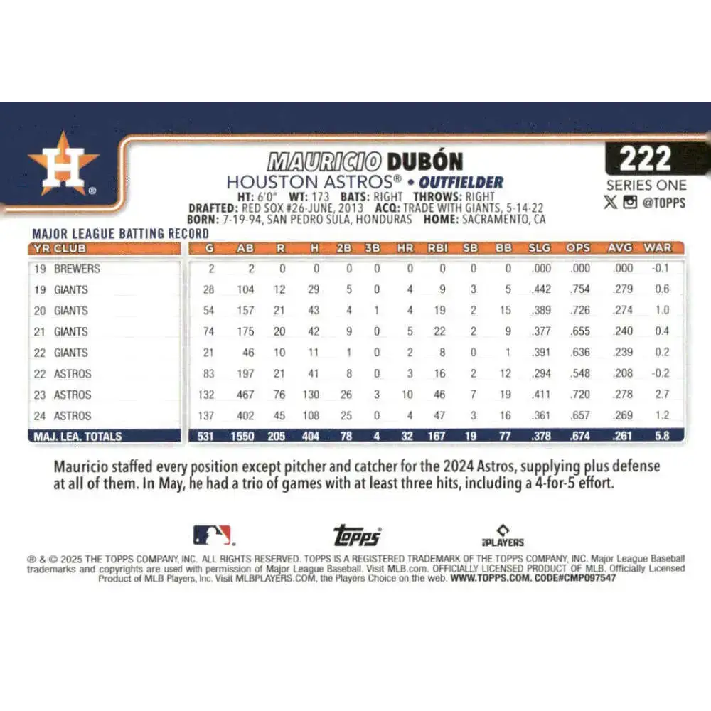 2025 Topps #222 Mauricio Dubon NM-MT Houston Astros Baseball Card - Baseball Card Single