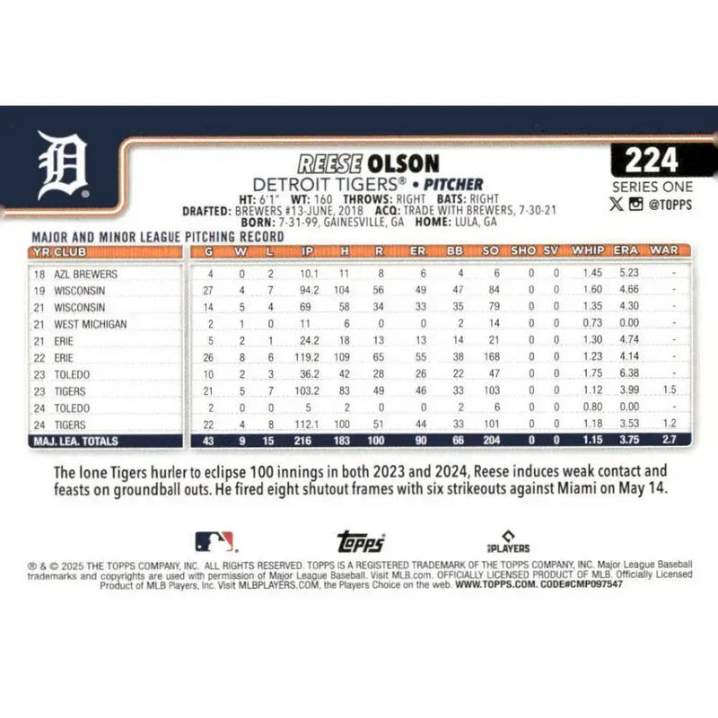 2025 Topps #224 Reese Olson NM-MT Detroit Tigers Baseball Card - Baseball Card Single
