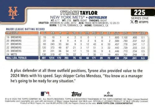 2025 Topps #225 Tyrone Taylor NM-MT Mets ID:76989 - Baseball Card Single