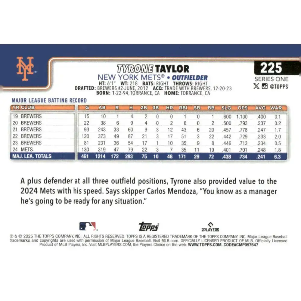 2025 Topps #225 Tyrone Taylor NM-MT New York Mets Baseball Card - Baseball Card Single