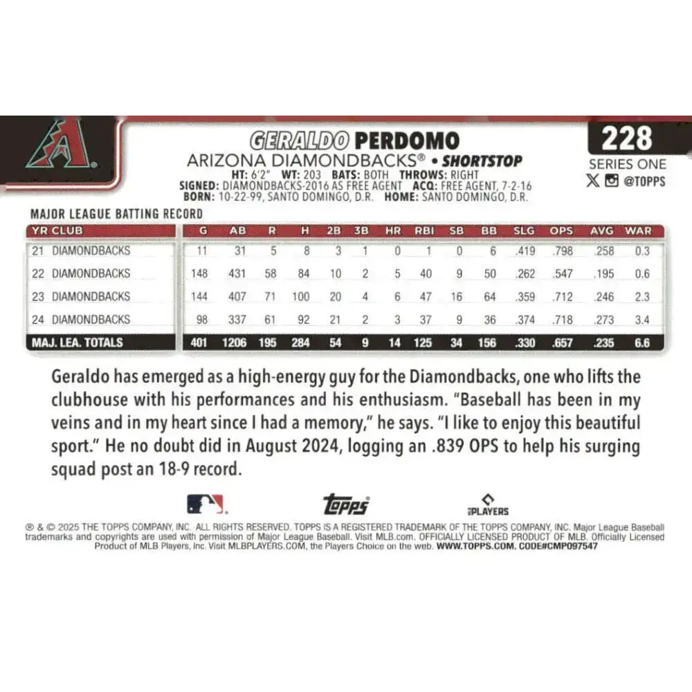 2025 Topps #228 Geraldo Perdomo NM-MT Arizona Diamondbacks Baseball Card - Baseball Card Single