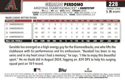 2025 Topps #228 Geraldo Perdomo NM-MT Diamondbacks ID:76990 - Baseball Card Single