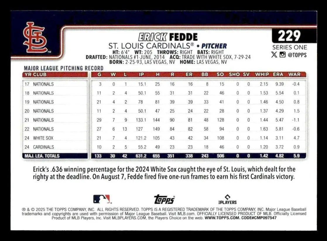 2025 Topps #229 Erick Fedde - Baseball Card Single