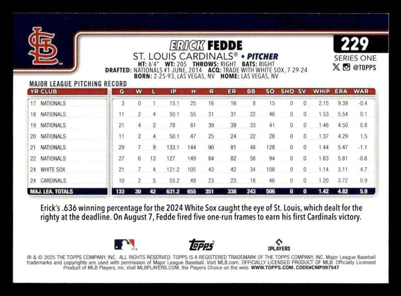 2025 Topps #229 Erick Fedde - Baseball Card Single