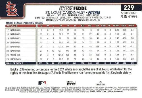 2025 Topps #229 Erick Fedde NM-MT - Baseball Card Single