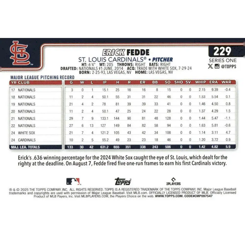 2025 Topps #229 Erick Fedde NM-MT St Louis Cardinals Baseball Card - Baseball Card Single