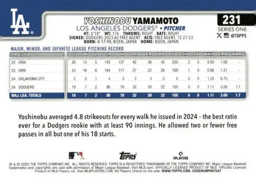 2025 Topps #231 Yoshinobu Yamamoto NM-MT Dodgers ID:76991 - Baseball Card Single