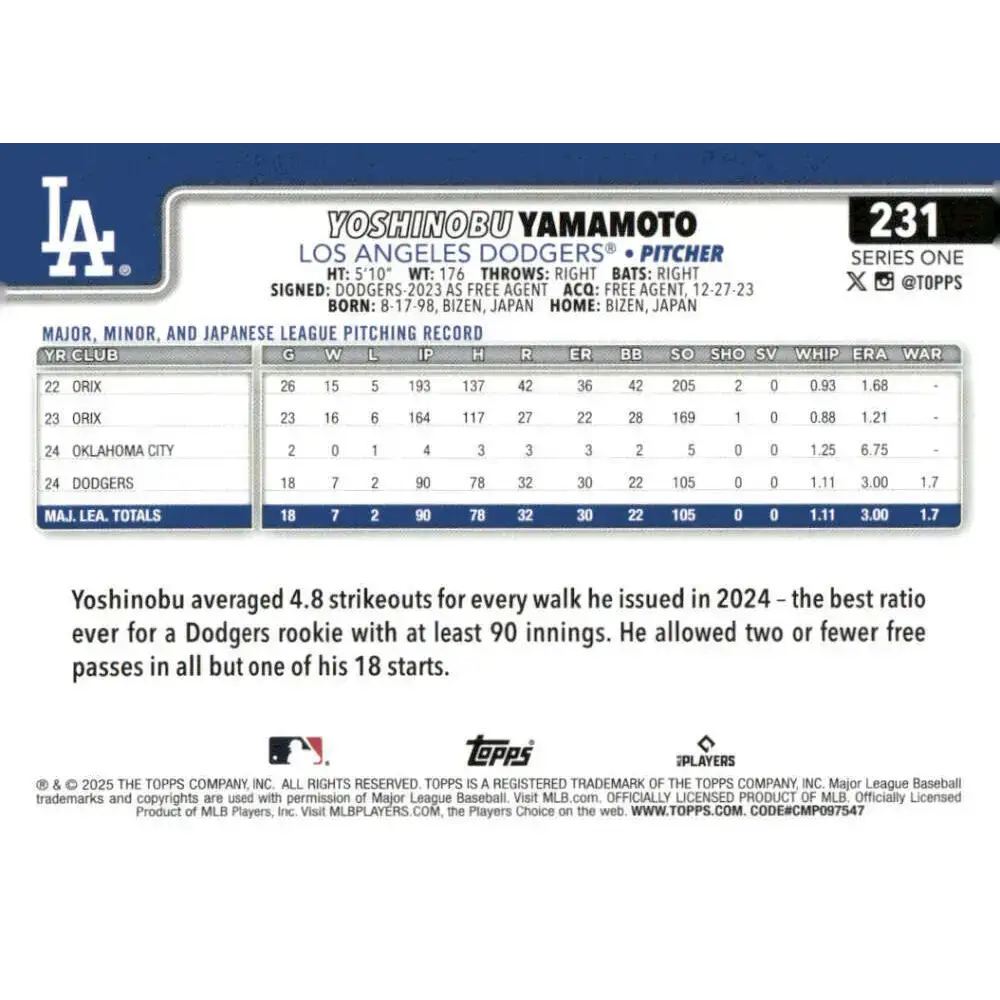 2025 Topps #231 Yoshinobu Yamamoto NM-MT Los Angeles Dodgers Baseball Card - Baseball Card Single