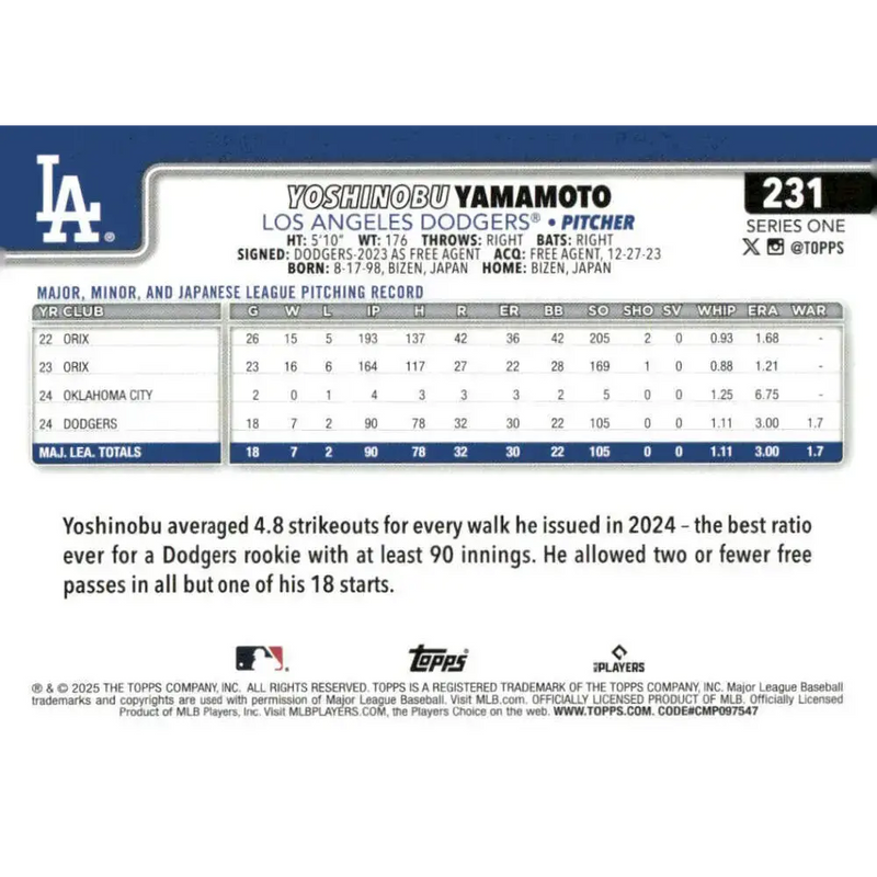 2025 Topps #231 Yoshinobu Yamamoto NM-MT Los Angeles Dodgers Baseball Card - Baseball Card Single