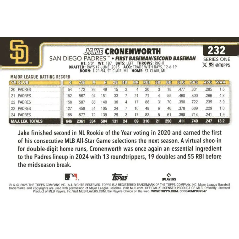 2025 Topps #232 Jake Cronenworth NM-MT San Diego Padres Baseball Card - Baseball Card Single