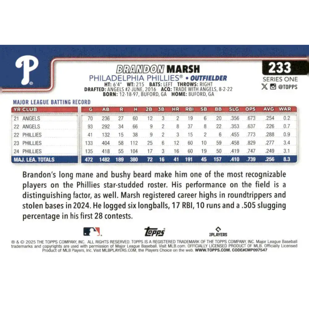 2025 Topps #233 Brandon Marsh NM-MT Philadelphia Phillies Baseball Card - Baseball Card Single