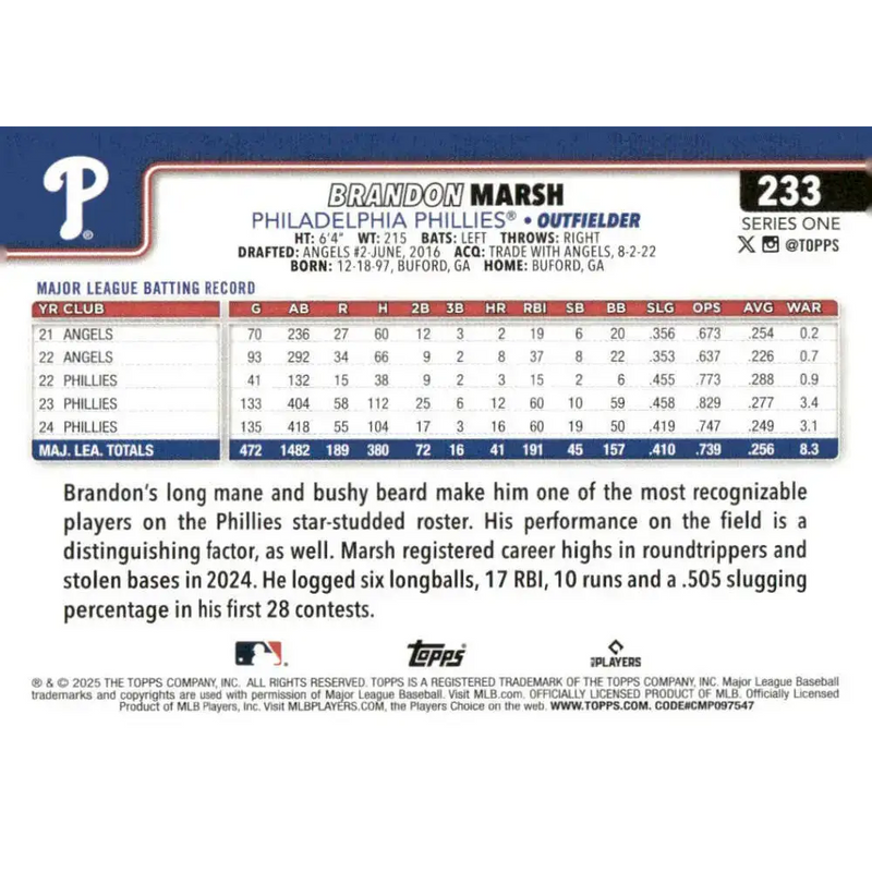 2025 Topps #233 Brandon Marsh NM-MT Philadelphia Phillies Baseball Card - Baseball Card Single