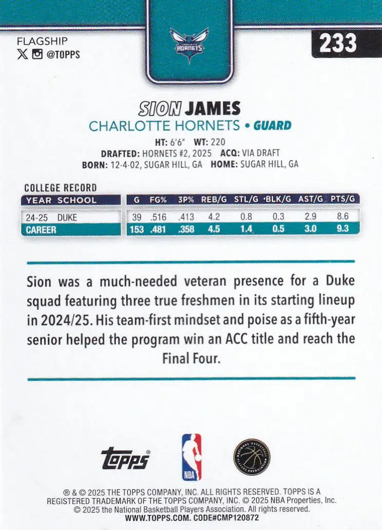 2025 TOPPS #233 SION JAMES- CHARLOTTE HORNETS