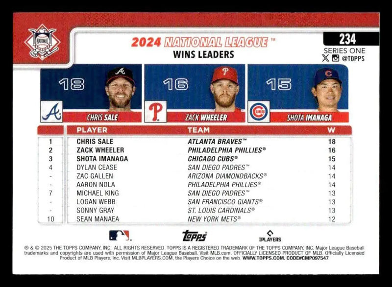 2025 Topps #234 Natl League Wins (Sale/Wheeler/Imanaga) - Baseball Card Single