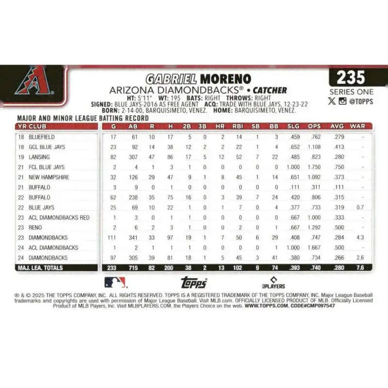 2025 Topps #235 Gabriel Moreno NM-MT Arizona Diamondbacks Baseball Card - Baseball Card Single