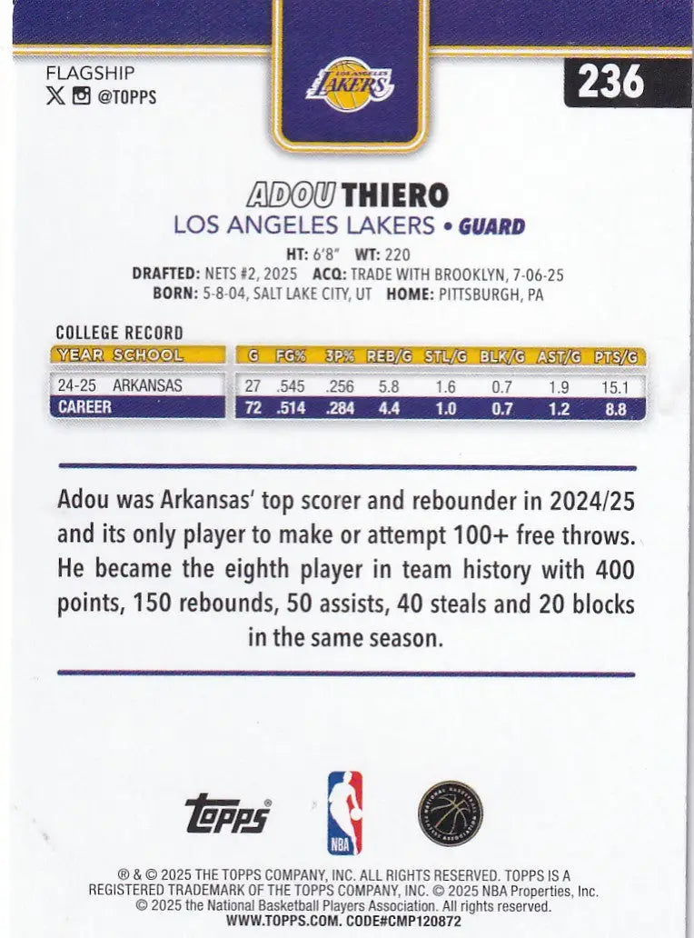 2025 TOPPS #236 ADOU THIERO- LOS ANGELES LAKERS