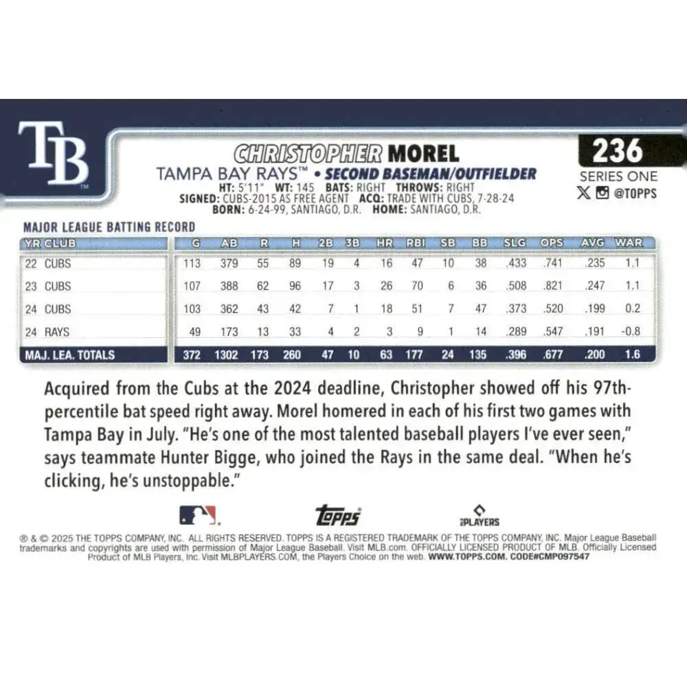2025 Topps #236 Christopher Morel NM-MT Tampa Bay Rays Baseball Card - Baseball Card Single