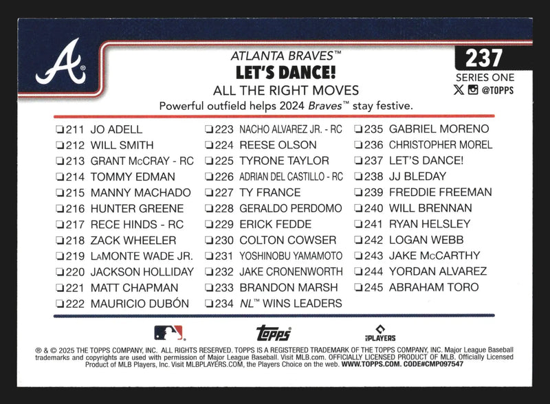 2025 Topps #237 Let’s Dance Atlanta Braves Marcell Ozuna Adam Duvall Checklist