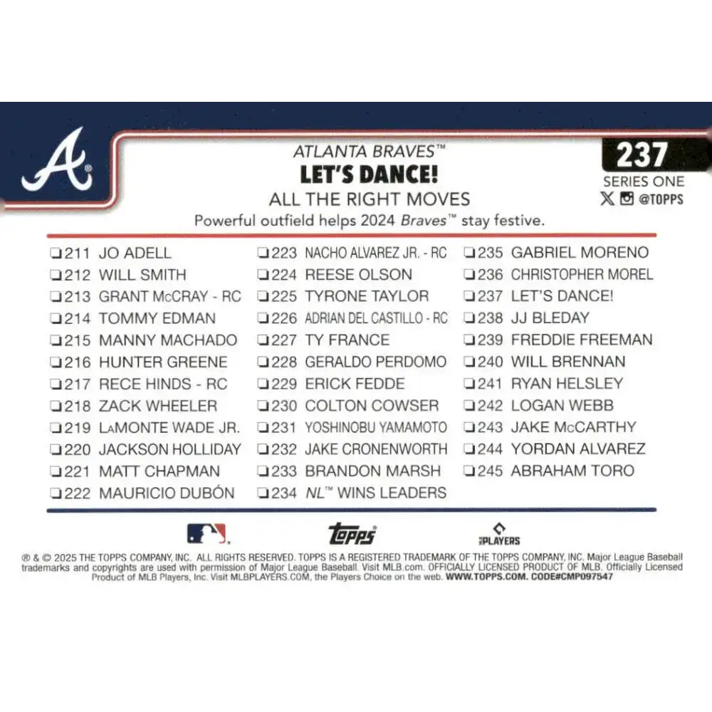 2025 Topps #237 Marcell Ozuna NM-MT Atlanta Braves Baseball Card - Baseball Card Single