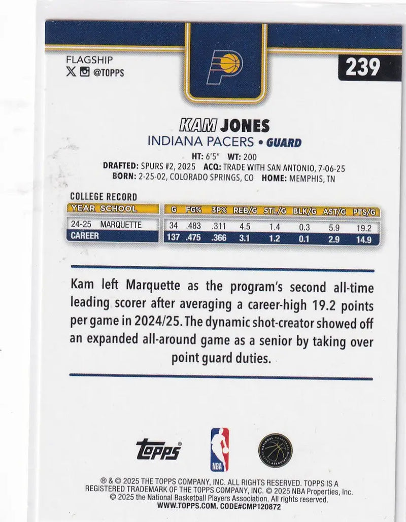 2025 TOPPS #239 KAM JONES REFRACTOR- INDIANA PACERS - Basketball Card Single