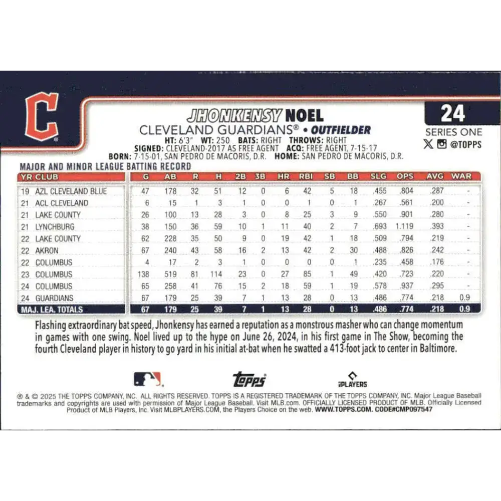 2025 Topps #24 Jhonkensy Noel NM-MT RC Rookie Cleveland Guardians Baseball Card - Baseball Card Single