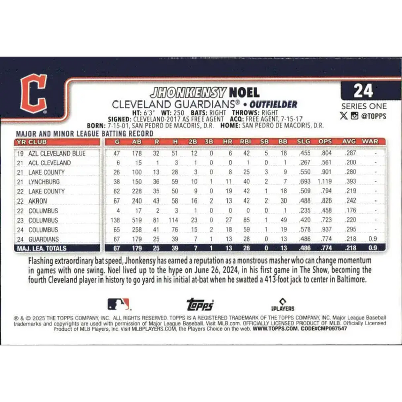 2025 Topps #24 Jhonkensy Noel NM-MT RC Rookie Cleveland Guardians Baseball Card - Baseball Card Single