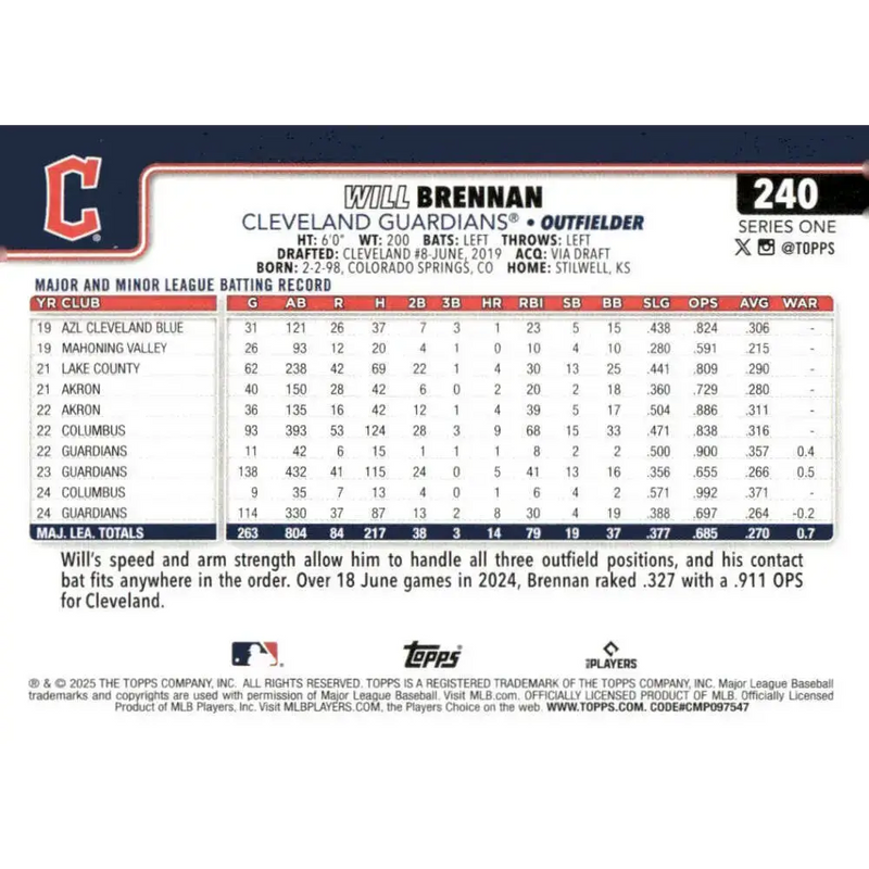 2025 Topps #240 Will Brennan NM-MT Cleveland Guardians Baseball Card - Baseball Card Single