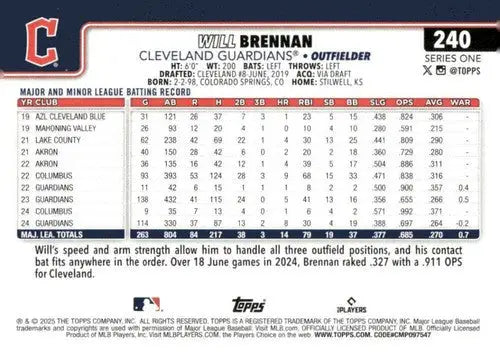 2025 Topps #240 Will Brennan NM-MT Guardians ID:76996 - Baseball Card Single