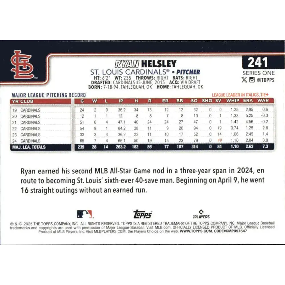 2025 Topps #241 Ryan Helsley NM-MT St Louis Cardinals Baseball Card - Baseball Card Single