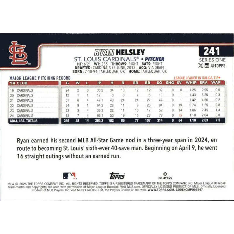 2025 Topps #241 Ryan Helsley NM-MT St Louis Cardinals Baseball Card - Baseball Card Single