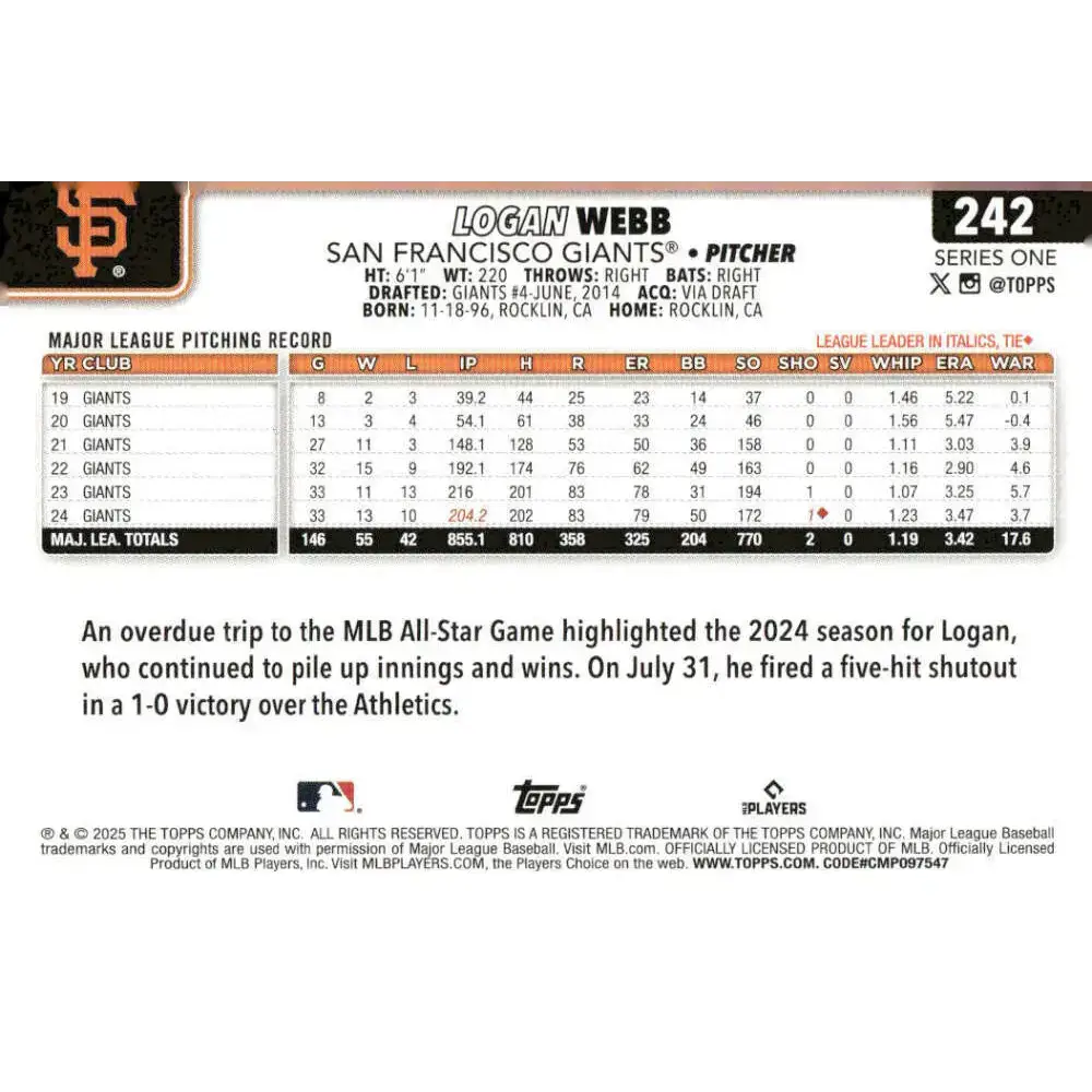 2025 Topps #242 Logan Webb NM-MT San Francisco Giants Baseball Card - Baseball Card Single