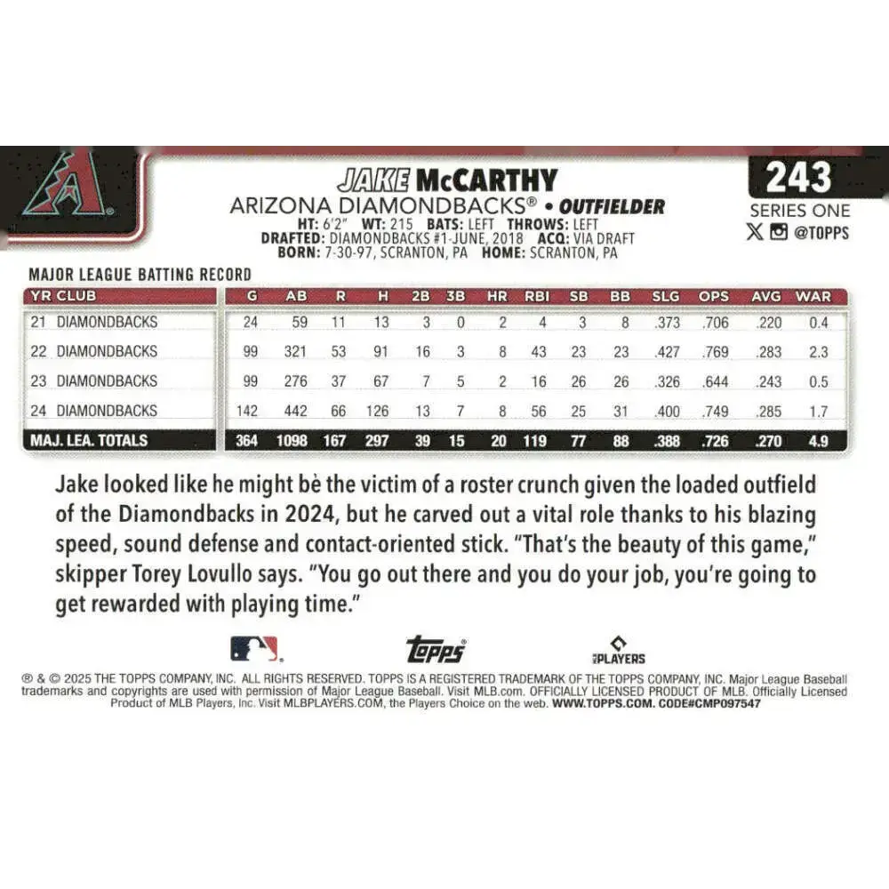 2025 Topps #243 Jake McCarthy NM-MT Arizona Diamondbacks Baseball Card - Baseball Card Single