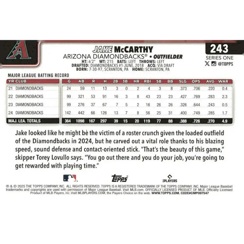 2025 Topps #243 Jake McCarthy NM-MT Arizona Diamondbacks Baseball Card - Baseball Card Single