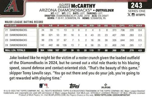 Baseball card of Jake McCarthy with batting record, 2025 Topps #243, original gloss, NM-MT