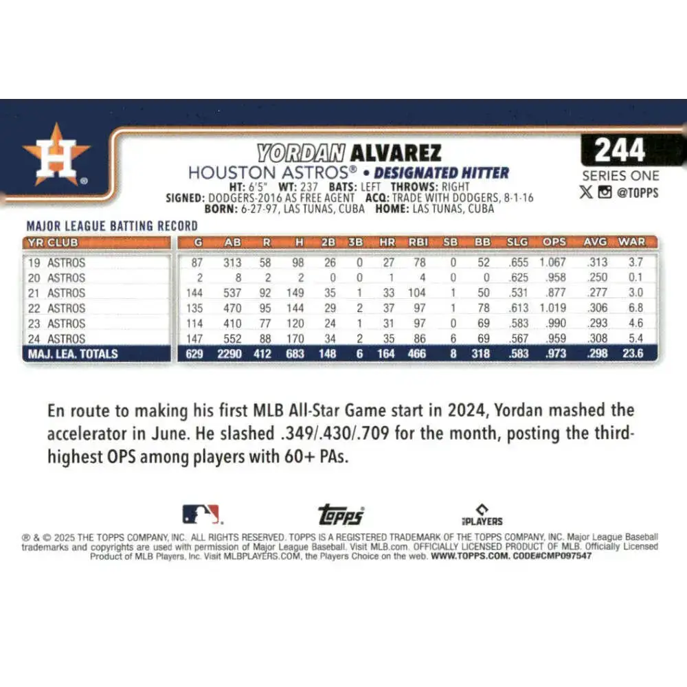 2025 Topps #244 Yordan Alvarez NM-MT Houston Astros Baseball Card - Baseball Card Single