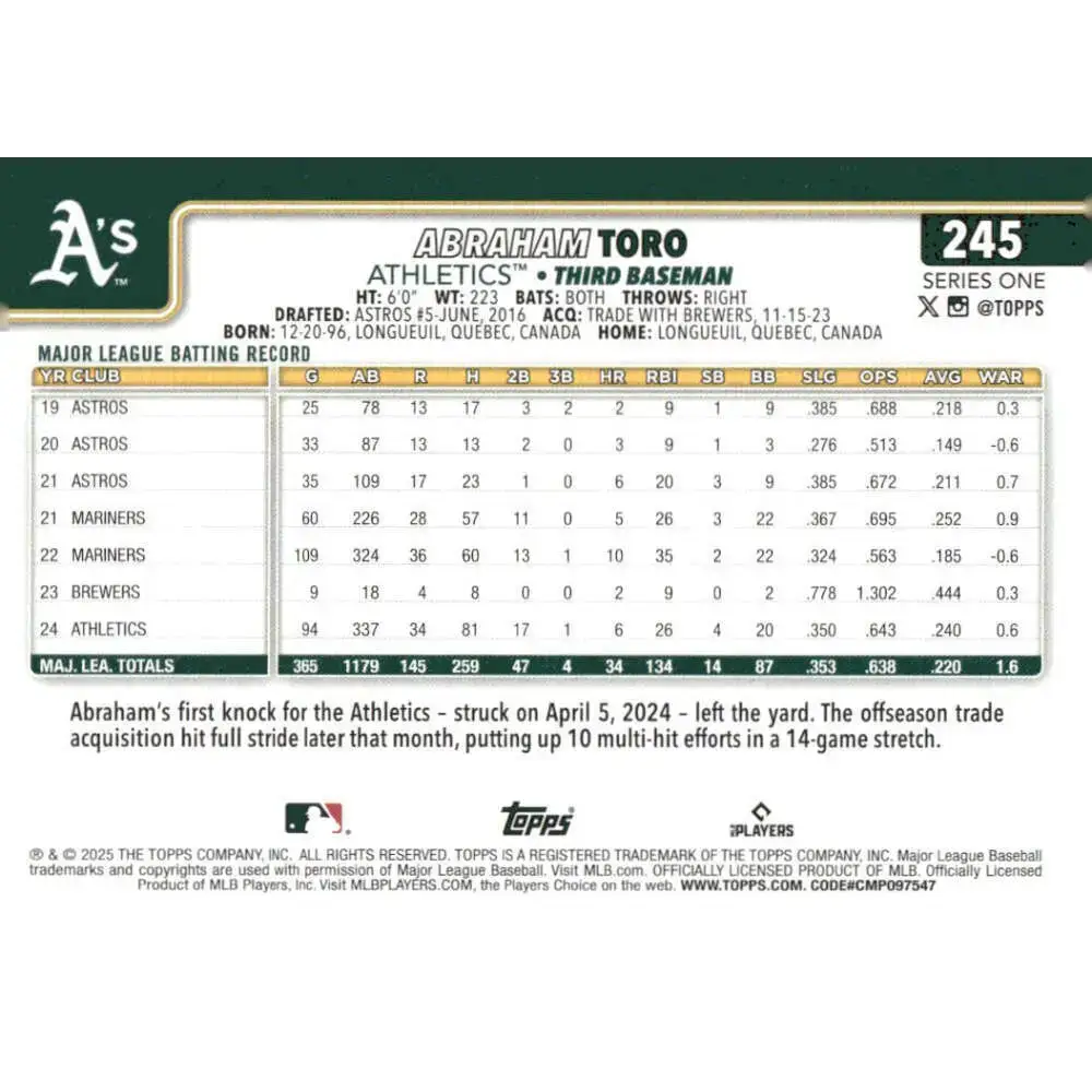 2025 Topps #245 Abraham Toro NM-MT Oakland Athletics Baseball Card - Baseball Card Single
