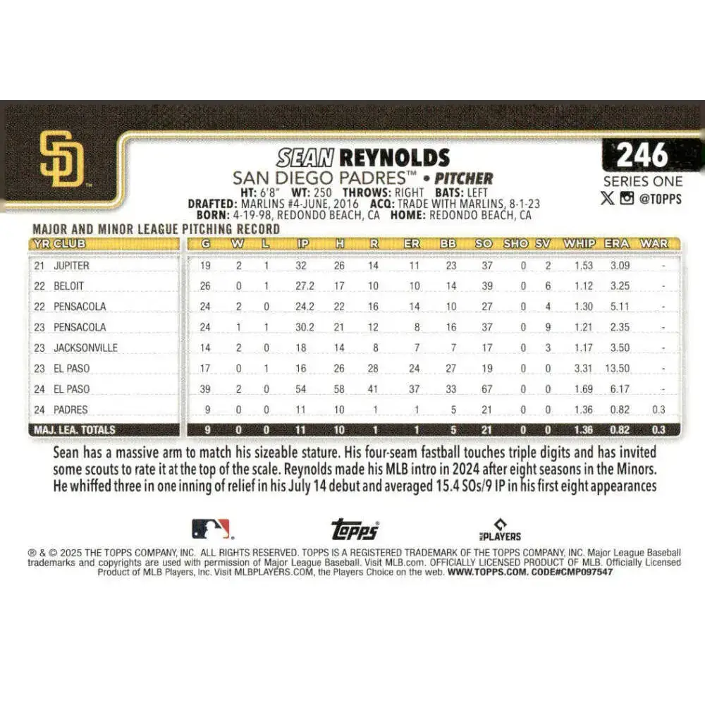 2025 Topps #246 Sean Reynolds NM-MT RC Rookie San Diego Padres Baseball Card