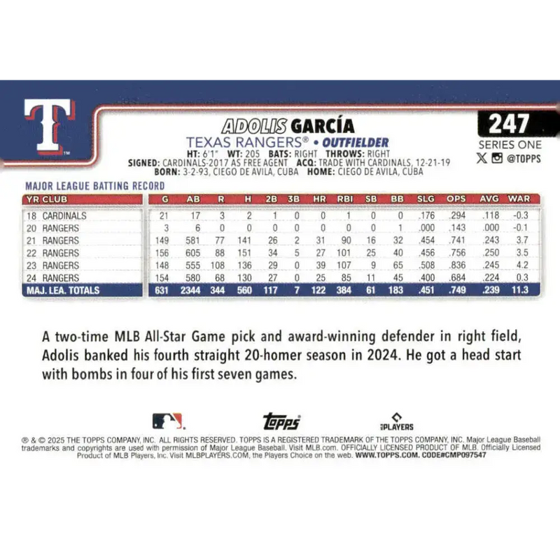 2025 Topps #247 Adolis Garcia NM-MT Texas Rangers Baseball Card - Baseball Card Single
