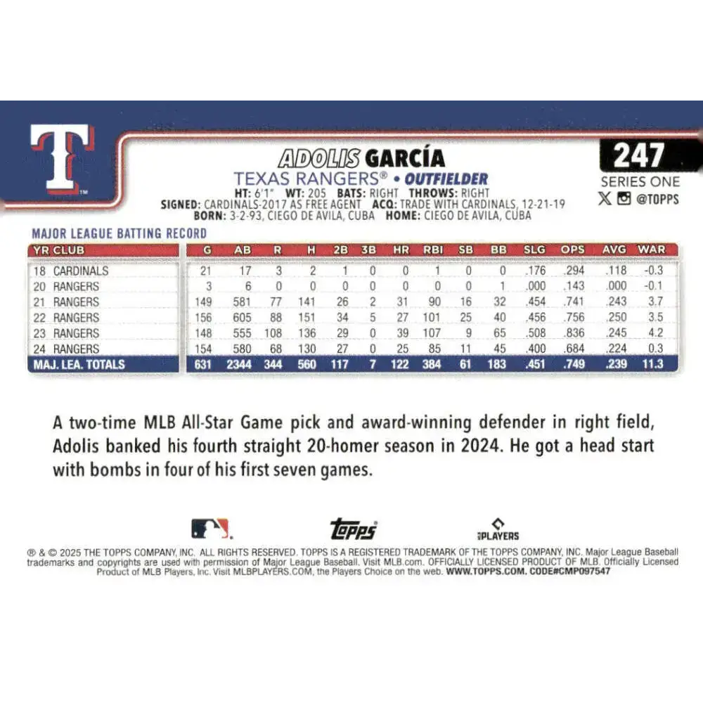 2025 Topps #247 Adolis Garcia NM-MT Texas Rangers Baseball Card - Baseball Card Single