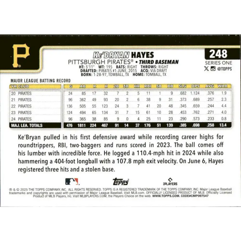 2025 Topps #248 Ke’Bryan Hayes NM-MT Pittsburgh Pirates Baseball Card - Baseball Card Single