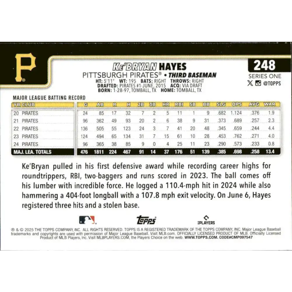 2025 Topps #248 Ke’Bryan Hayes NM-MT Pittsburgh Pirates Baseball Card - Baseball Card Single