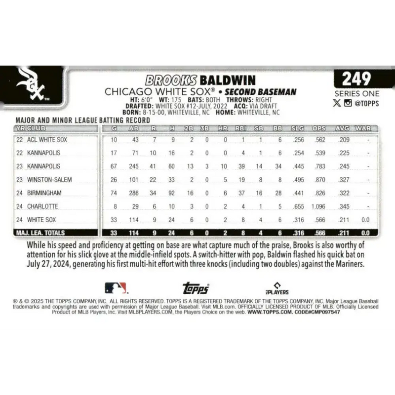 2025 Topps #249 Brooks Baldwin NM-MT RC Rookie Chicago White Sox Baseball Card - Baseball Card Single
