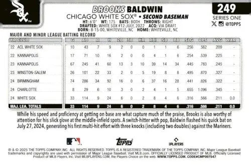 2025 Topps #249 Brooks Baldwin NM-MT RC Rookie White Sox ID:76999 - Baseball Card Single