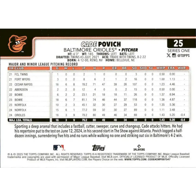 2025 Topps #25 Cade Povich NM-MT RC Rookie Baltimore Orioles Baseball Card - Baseball Card Single