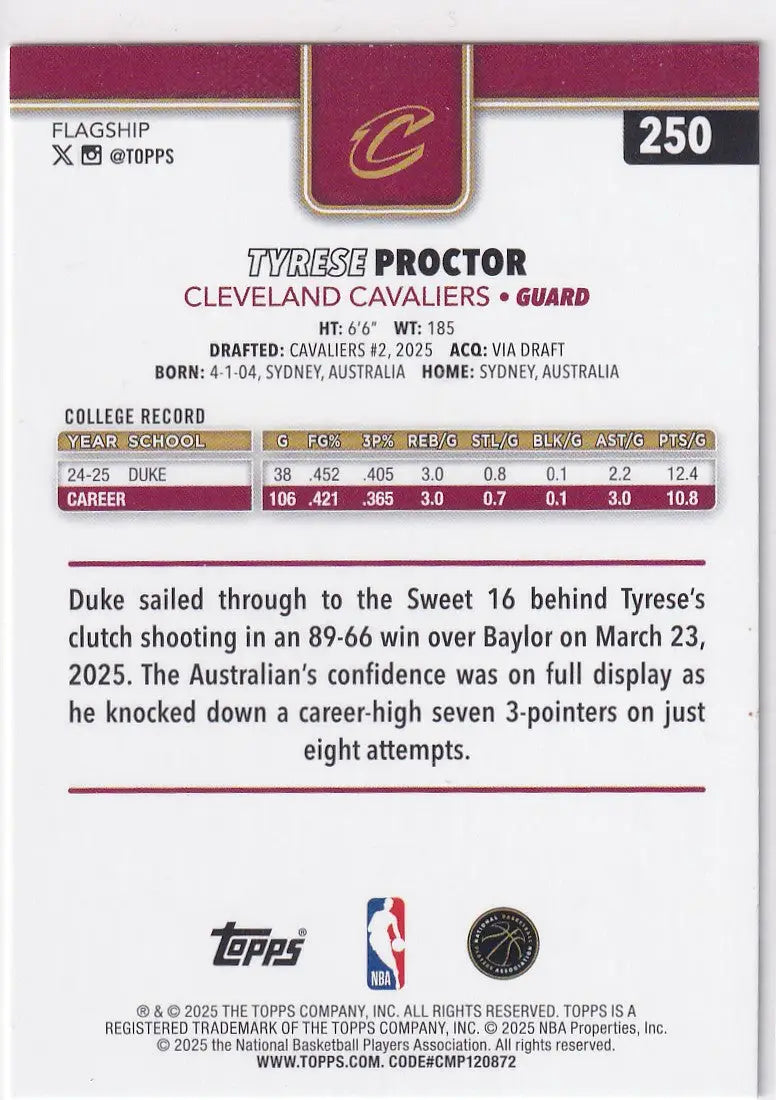2025 TOPPS #250 TYRESE PROCTOR- CLEVELAND CAVALIERS - Basketball Card Single